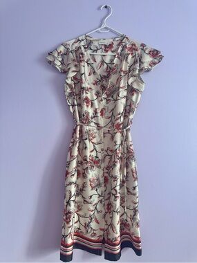 Paraphrase Cream Midi Dress with Red Floral Print
